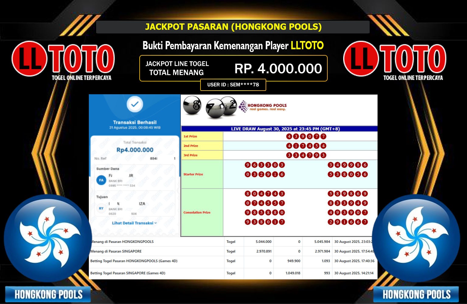 LLTOTO JACKPOT PASARAN (HONGKONG POOLS) Rp.4.000.000,- LUNAS