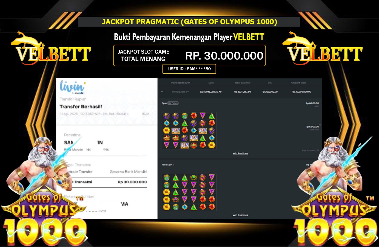 VELBETT JACKPOT PRAGMATIC (GATES OF OLYMPUS 1000) Rp.30.000.000,- LUNAS