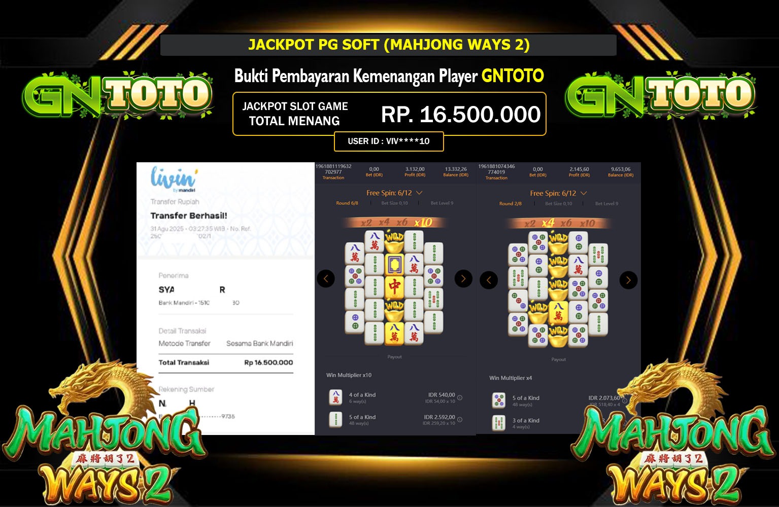 GNTOTO JACKPOT PG SOFT (MAHJONG WAYS 2) Rp.16.500.000,- LUNAS