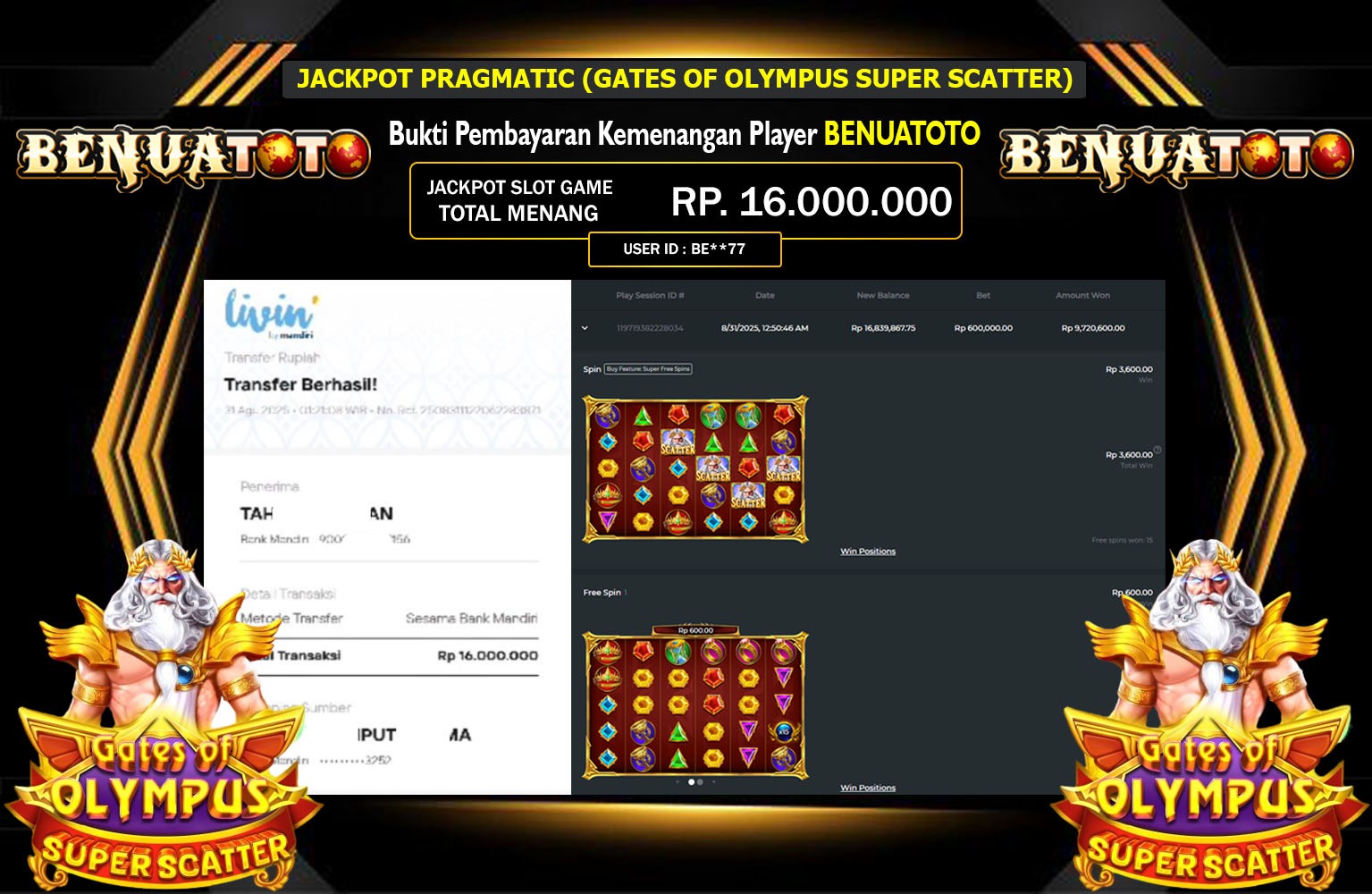 BENUATOTO JACKPOT PRAGMATIC (GATES OF OLYMPUS SUPER SCATTER) Rp.16.000.000,- LUNAS