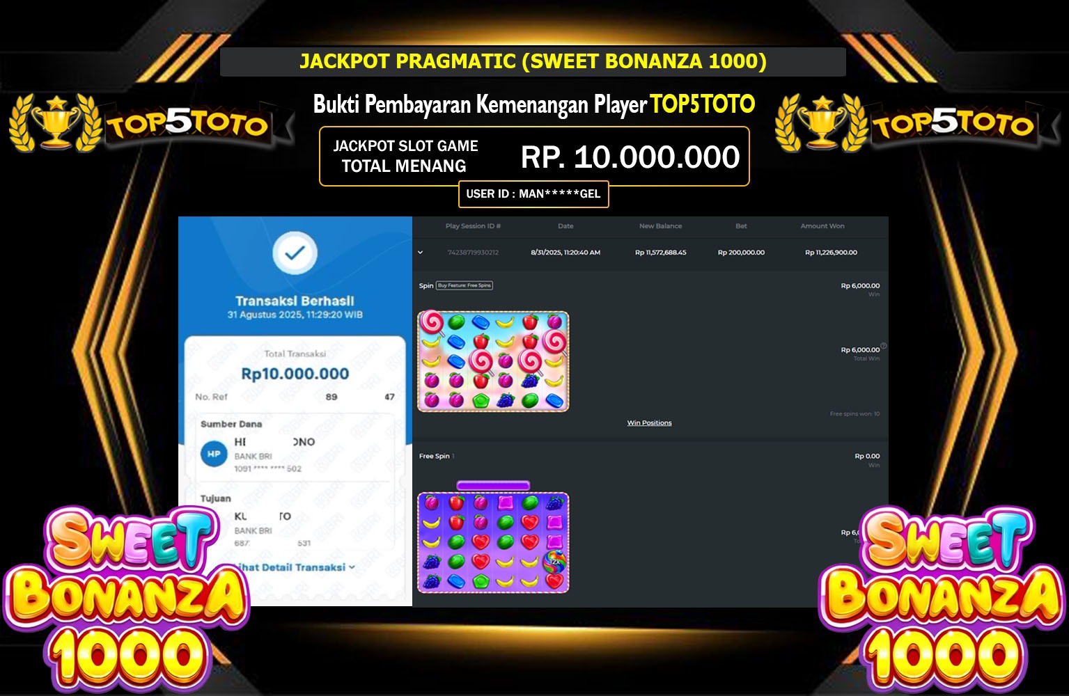 TOP5TOTO JACKPOT PRAGMATIC (SWEET BONANZA 1000) Rp.10.000.000,- LUNAS