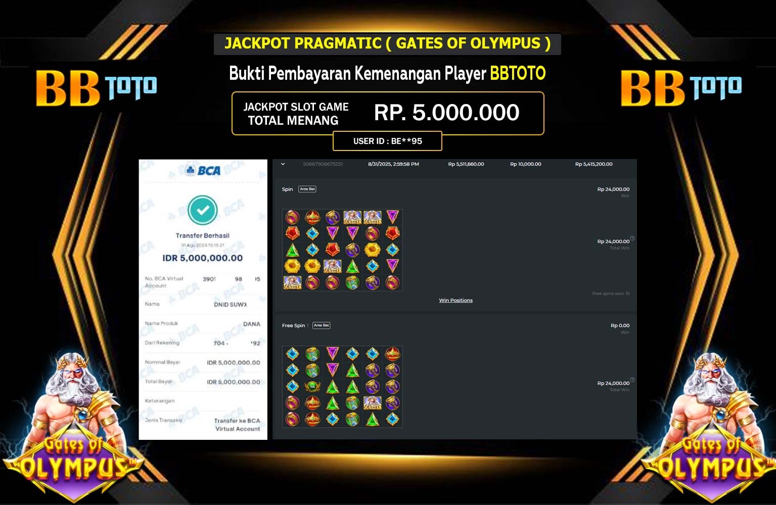 BBTOTO JACKPOT PRAGMATIC (GATES OF OLYMPUS) Rp.5.000.000,- LUNAS