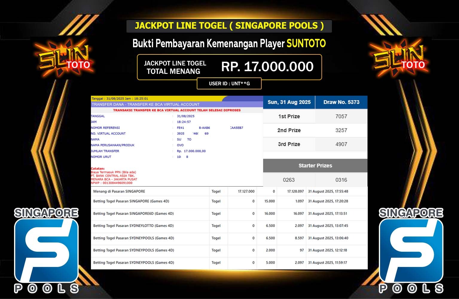 SUNTOTO JACKPOT LINE TOGEL (SINGAPORE POOLS) Rp.17.000.000,- LUNAS