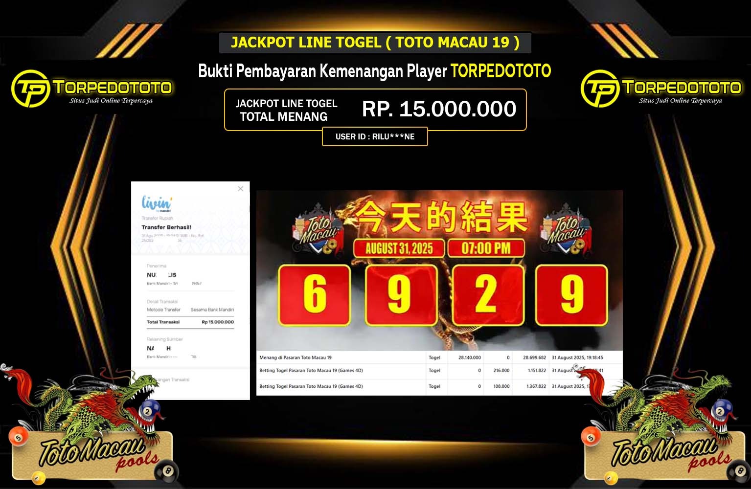 TORPEDOTOTO JACKPOT LINE TOGEL (TOTO MACAU 19) Rp.15.000.000,- LUNAS