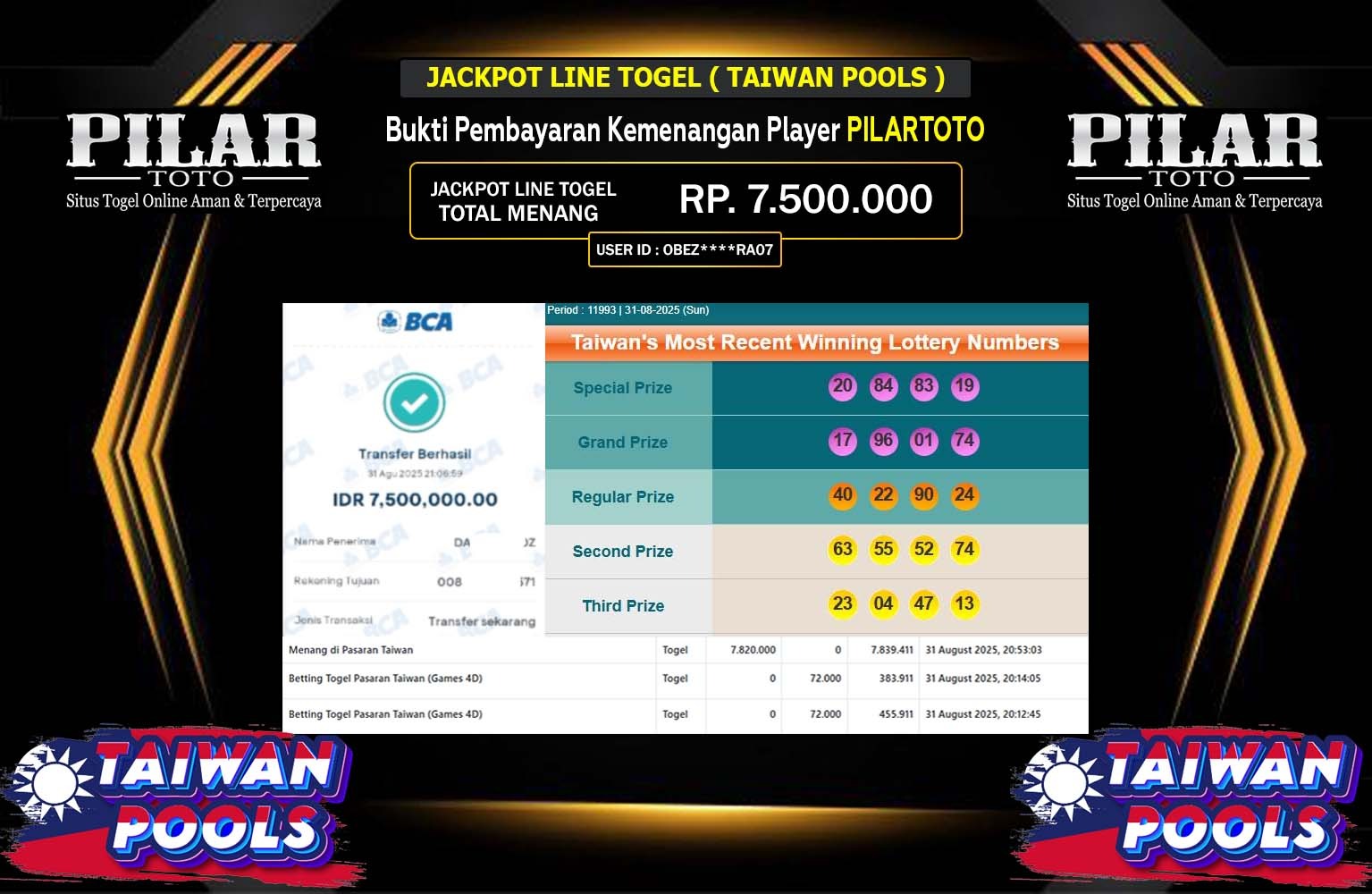 PILARTOTO JACKPOT LINE TOGEL (TAIWAN POOLS) Rp.7.500.000,- LUNAS