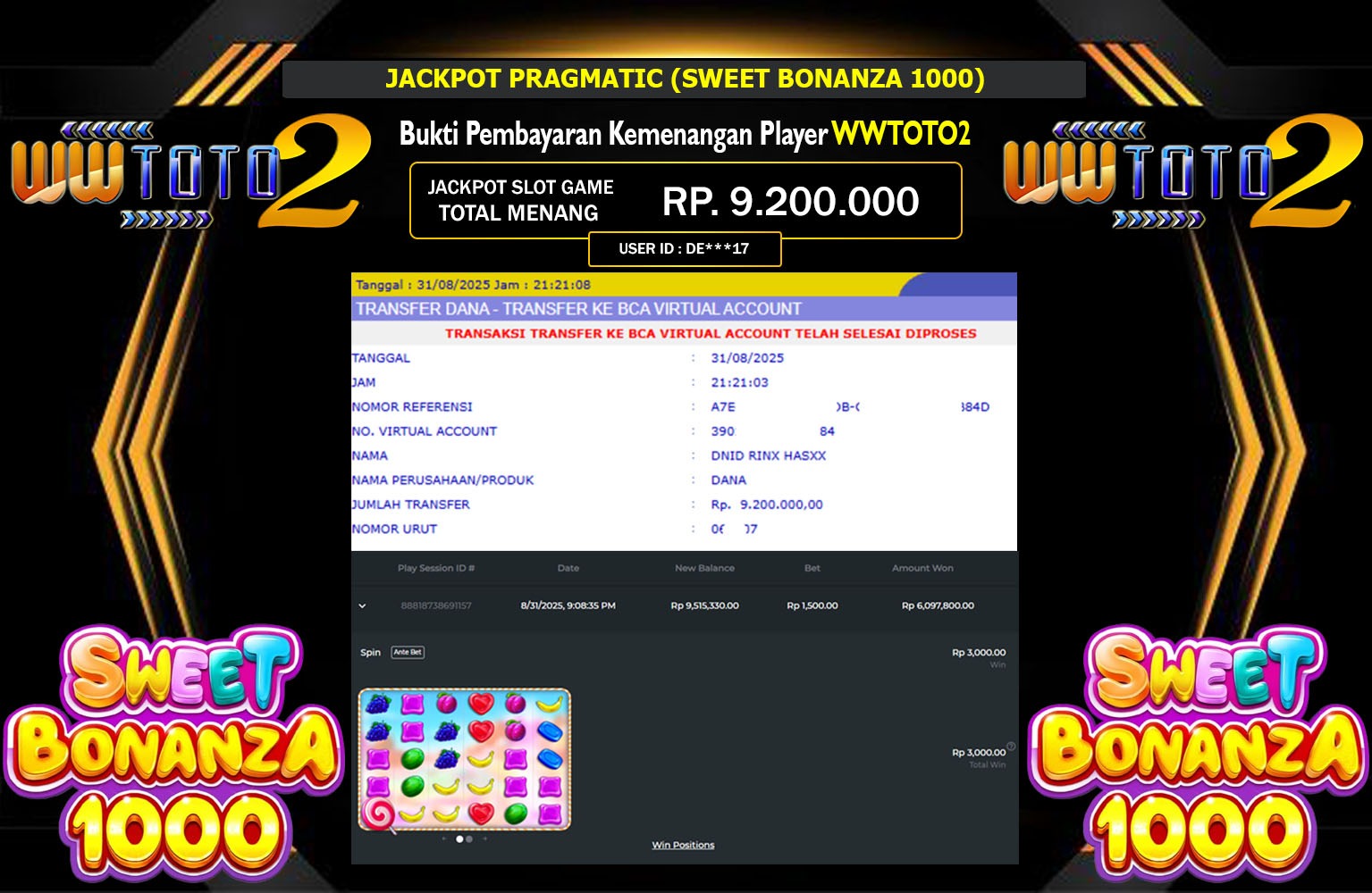 WWTOTO2 JACKPOT PRAGMATIC (SWEET BONANZA 1000) Rp.9.200.000,- LUNAS