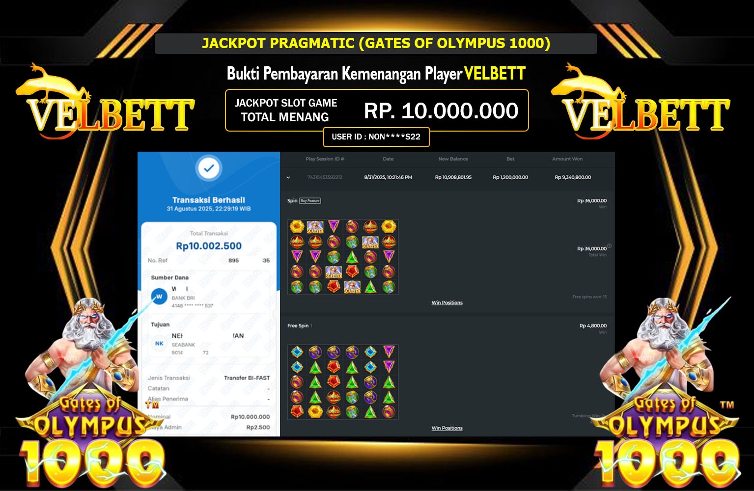 VELBETT JACKPOT PRAGMATIC (GATES OF OLYMPUS 1000) Rp.10.000.000,- LUNAS