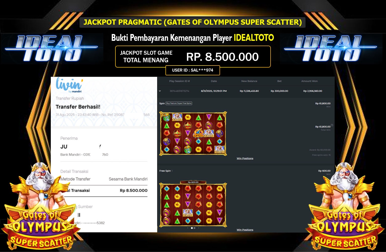 IDEALTOTO JACKPOT PRAGMATIC (GATES OF OLYMPUS SUPER SCATTER) Rp.8.500.000,- LUNAS