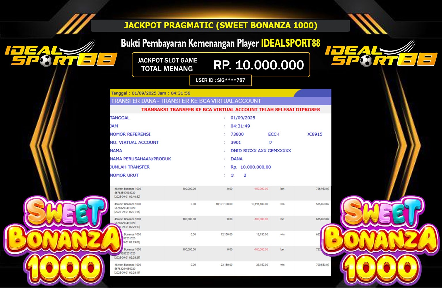 IDEALSPORT88 JACKPOT PRAGMATIC (SWEET BONANZA 1000) Rp.10.000.000,- LUNAS