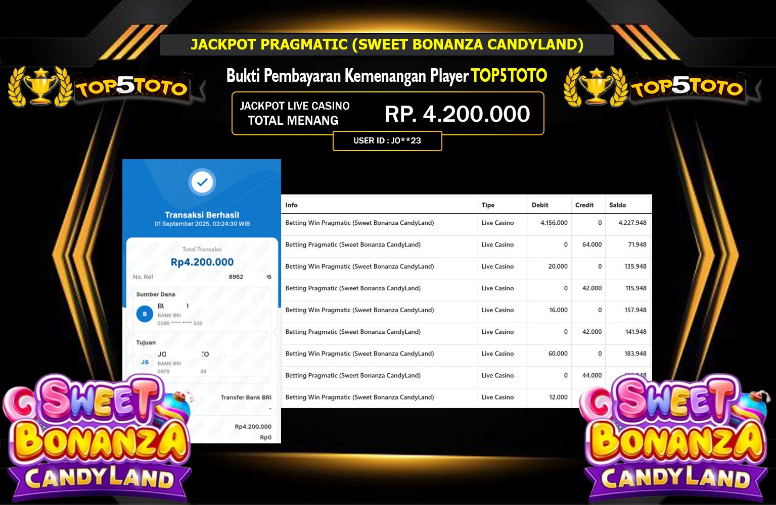 TOP5TOTO JACKPOT PRAGMATIC (SWEET BONANZA CANDYLAND) Rp.4.200.000,- LUNAS