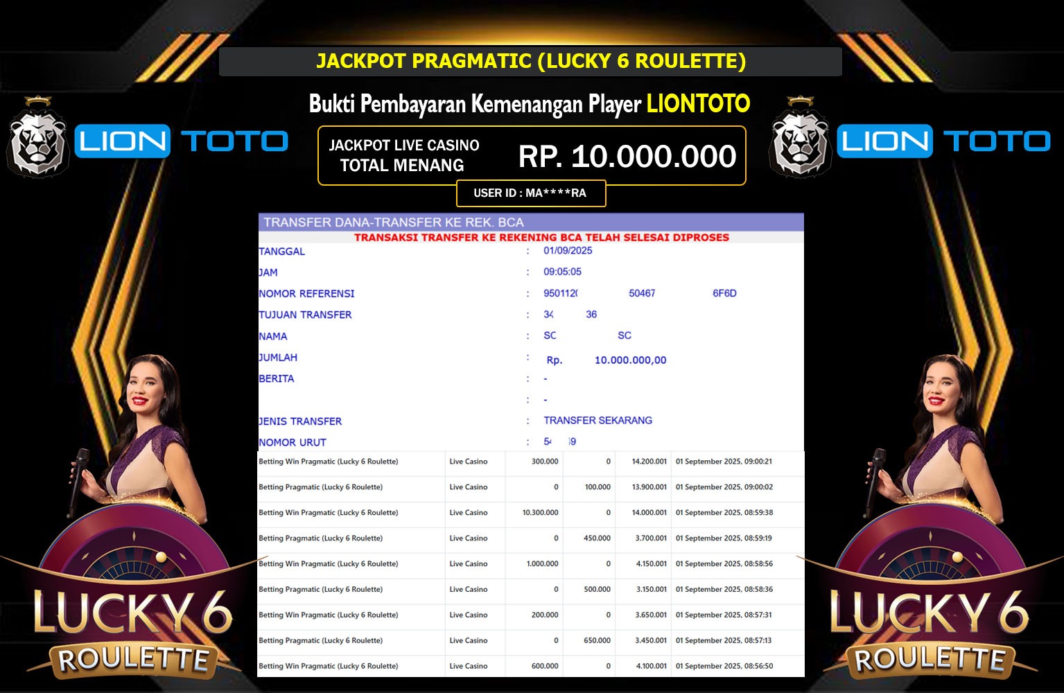 LIONTOTO JACKPOT PRAGMATIC (LUCKY 6 RULETTE) Rp.10.000.000,- LUNAS