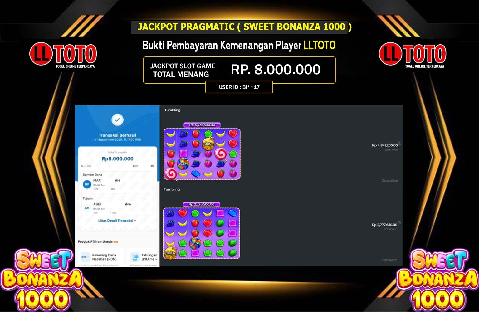 LLTOTO JACKPOT PRAGMATIC (SWEET BONANZA 1000) Rp.8.000.000,- LUNAS