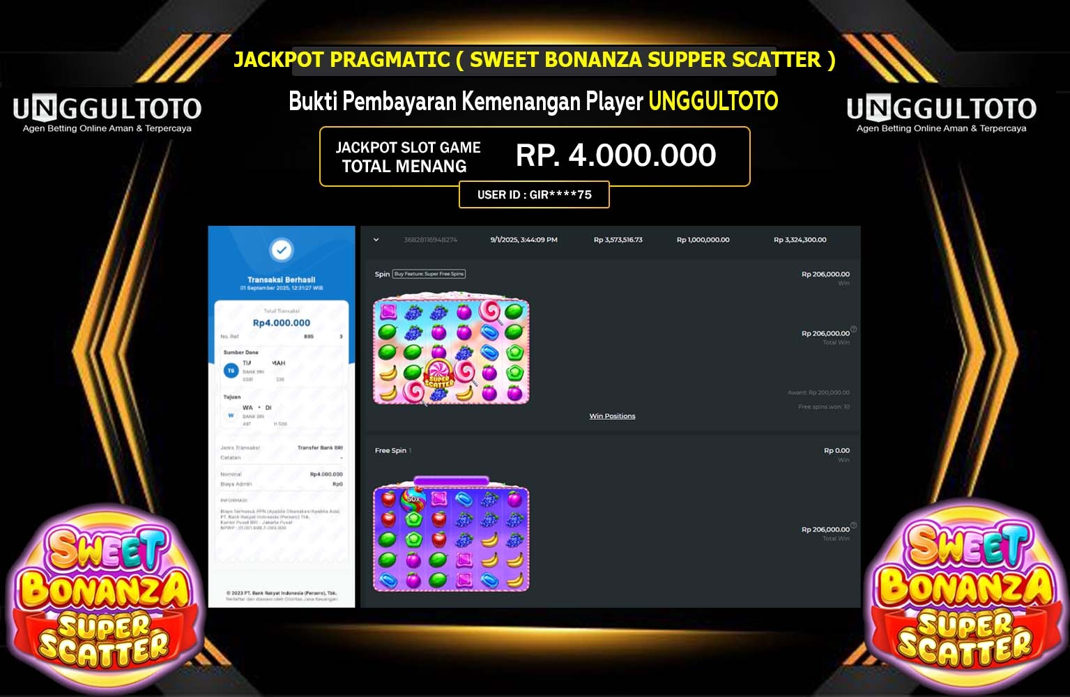 UNGGULTOTO JACKPOT PRAGMATIC (Sweet Bonanza Super Scatter) Rp.4.000.000,- LUNAS