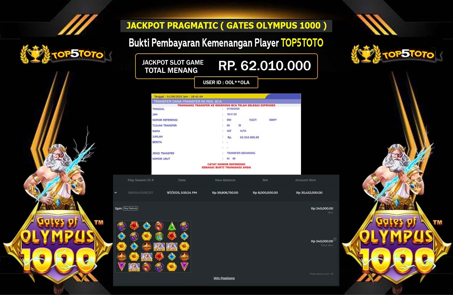 TOP5TOTO JACKPOT PRAGMATIC (GATES OF OLYMPUS 1000) Rp.62.010.000,- LUNAS