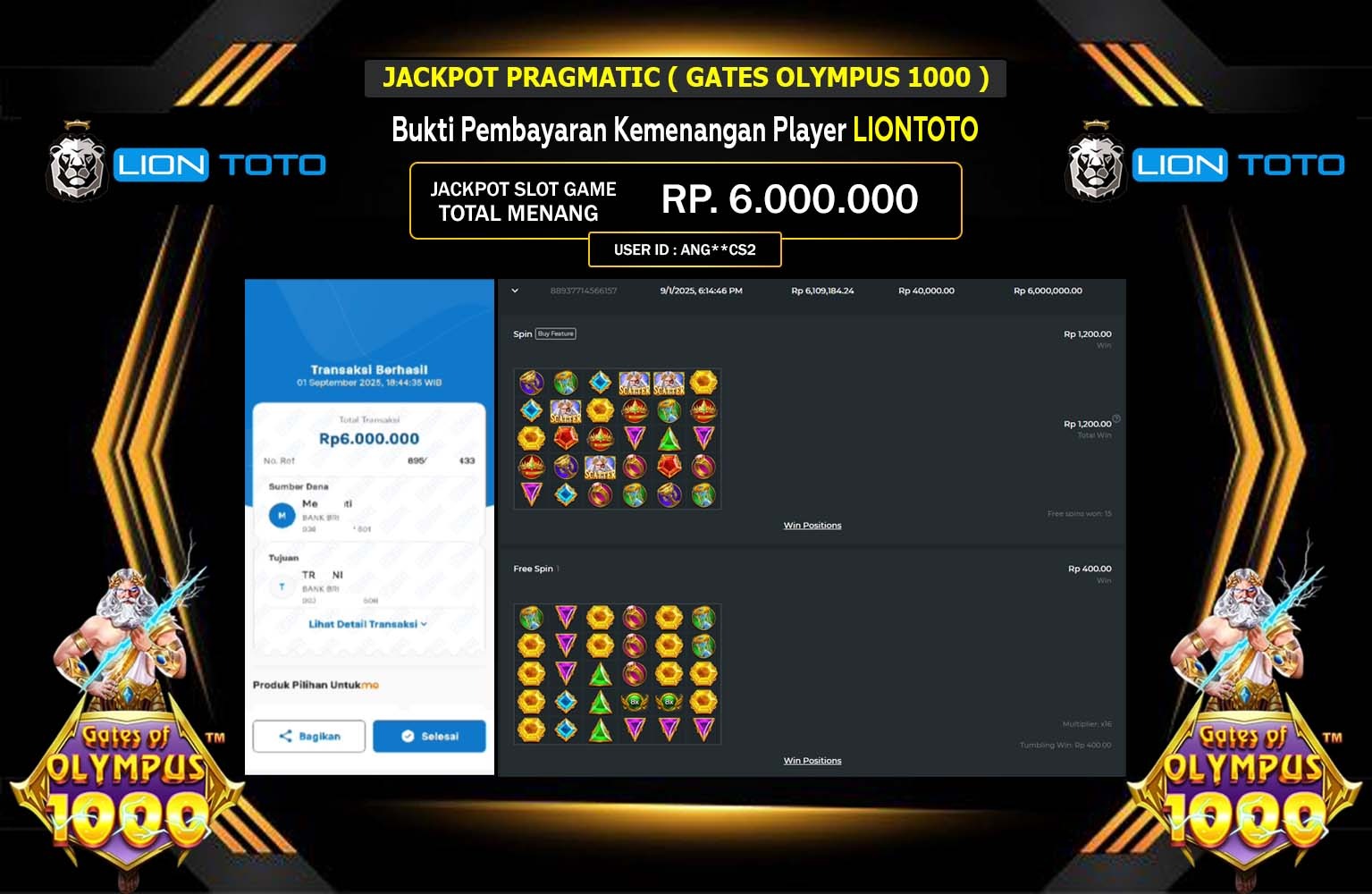 LIONTOTO JACKPOT PRAGMATIC (GATES OF OLYMPUS 1000) Rp.6.000.000,- LUNAS