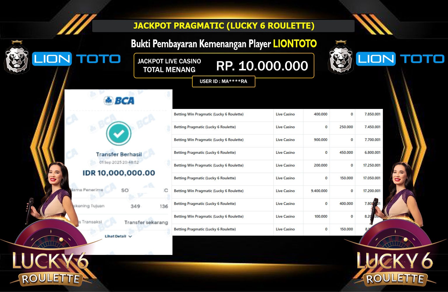 LIONTOTO JACKPOT PRAGMATIC (LUCKY 6 ROULETTE) Rp.10.000.000,- LUNAS