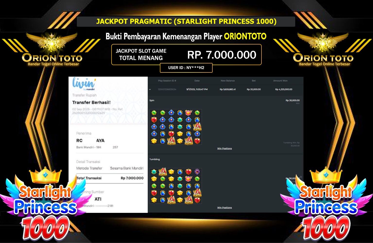 ORIONTOTO JACKPOT PRAGMATIC (STARLIGHT PRINCESS 1000) Rp.7.000.000,- LUNAS