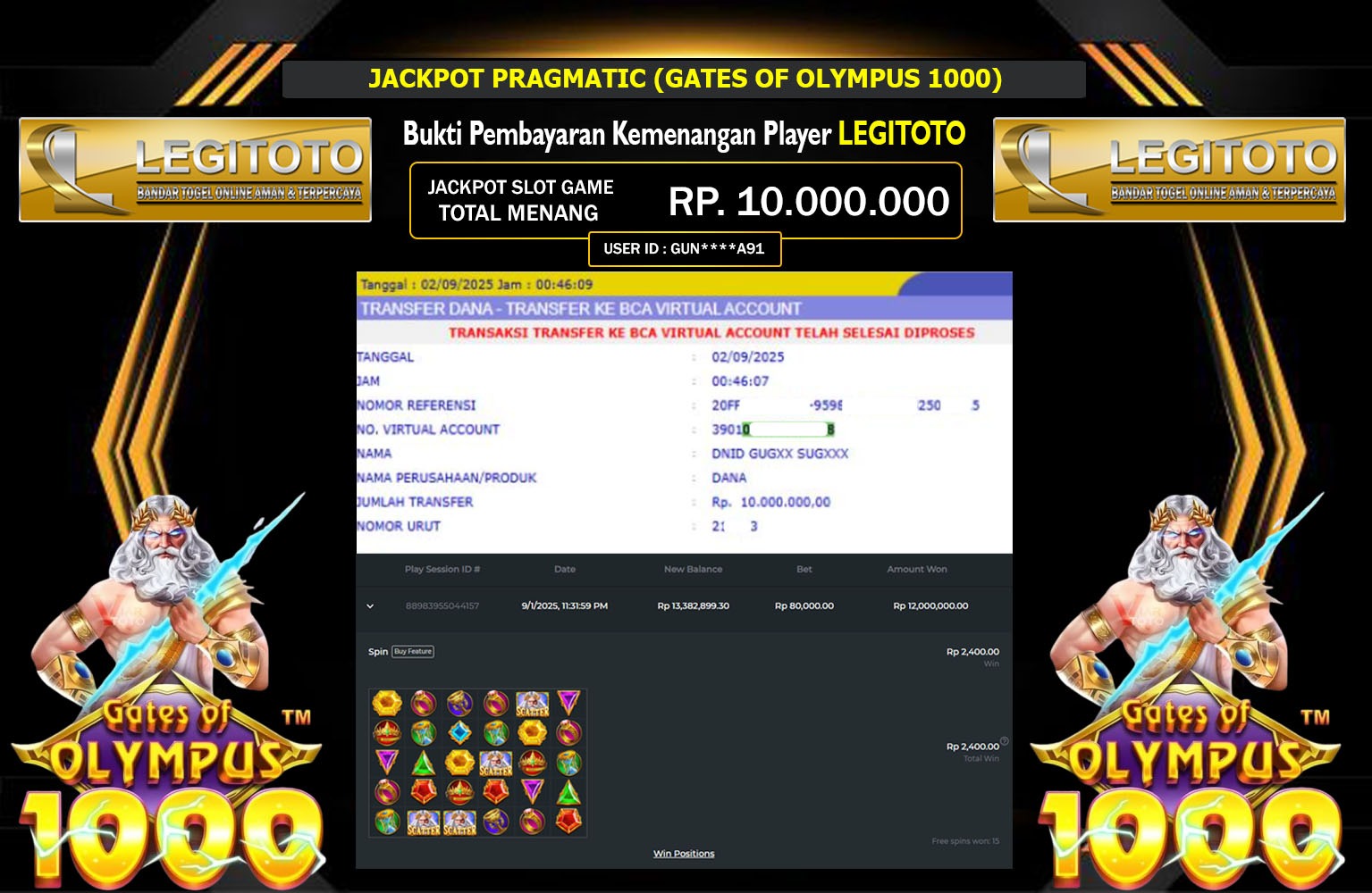 LEGITOTO JACKPOT PRAGMATIC (GATES OF OLYMPUS 1000) Rp.10.000.000,- LUNAS