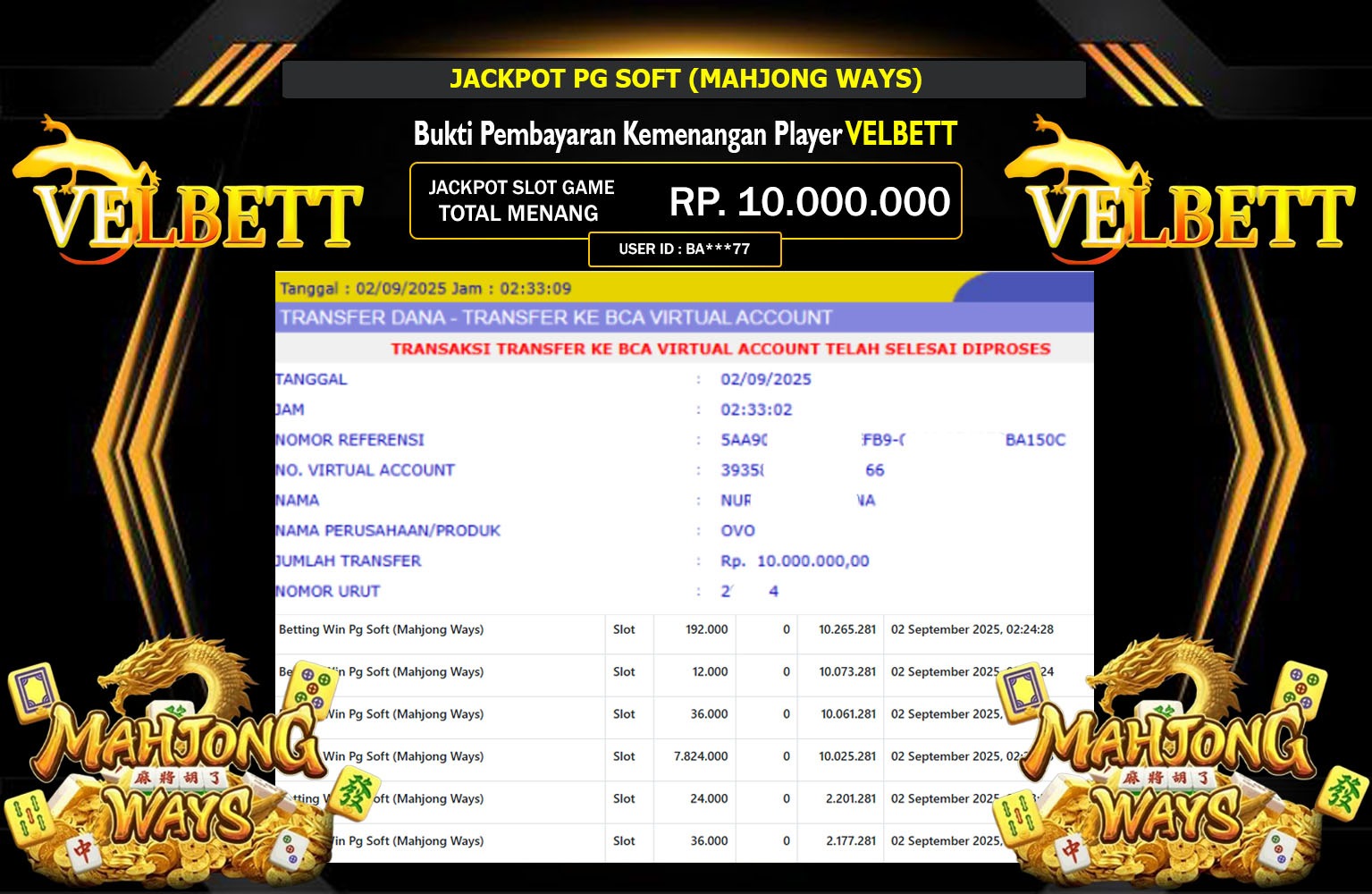 VELBETT JACKPOT PG SOFT (MAHJONG WAYS) Rp.10.000.000,- LUNAS