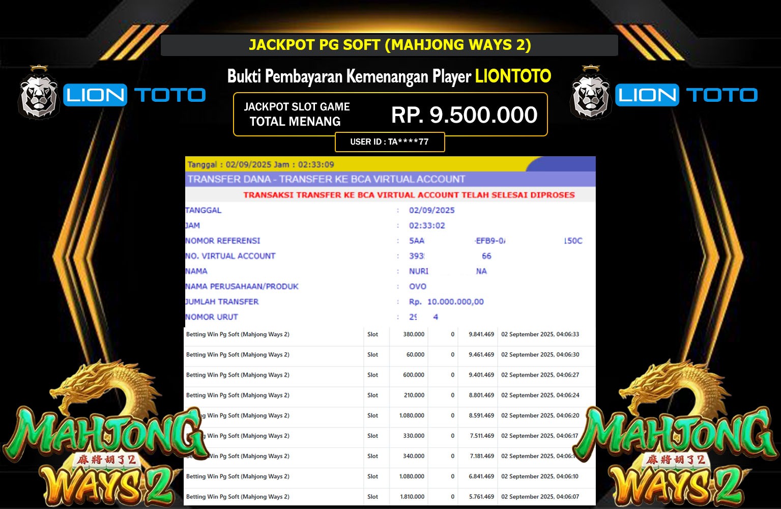 LIONTOTO JACKPOT PG SOFT (MAHJONG WAYS 2) Rp.9.500.000,- LUNAS