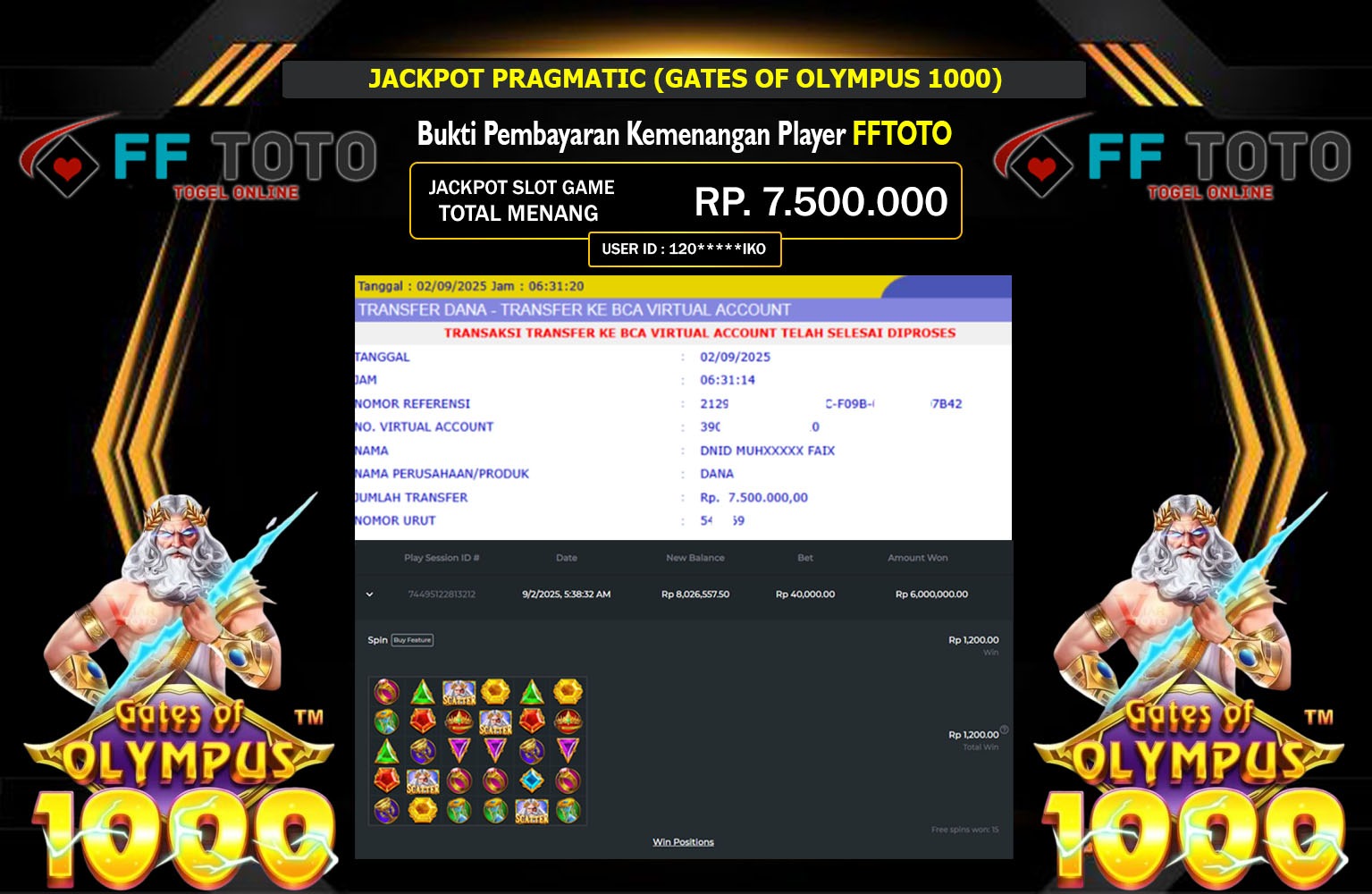 FFTOTO JACKPOT PRAGMATIC (GATES OF OLYMPUS 1000) Rp.7.500.000,- LUNAS
