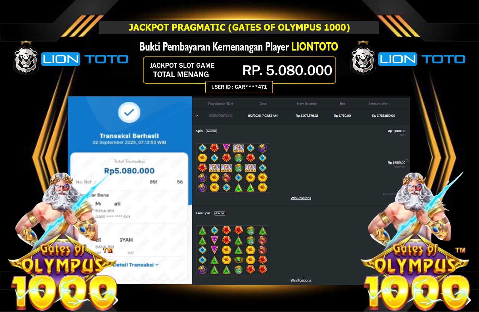 LIONTOTO JACKPOT PRAGMATIC (GATES OF OLYMPUS 1000) Rp.5.080.000,- LUNAS