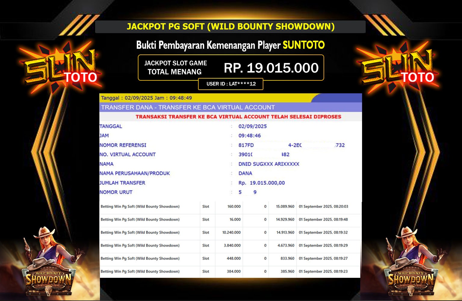 SUNTOTO JACKPOT PG SOFT (WILD BOUNTY SHOWDOWN) Rp.19.015.000,- LUNAS