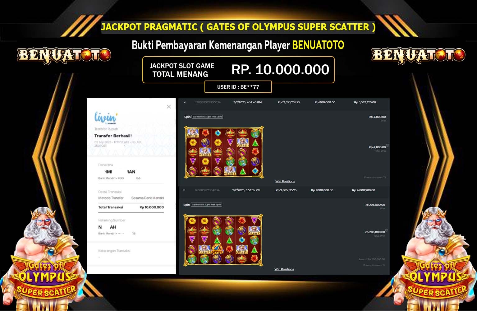 BENUATOTO JACKPOT PRAGMATIC (Gates of Olympus Super Scatter) Rp.10.000.000,- LUNAS