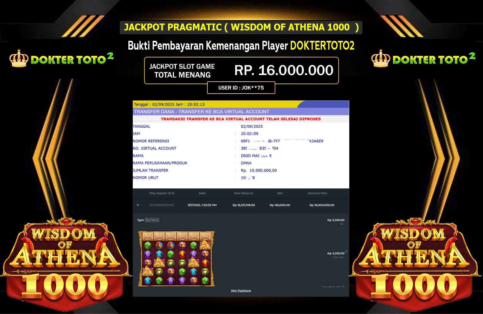 DOKTERTOTO2 JACKPOT PRAGMATIC (Wisdom of Athena 1000) Rp.15.000.000,- LUNAS