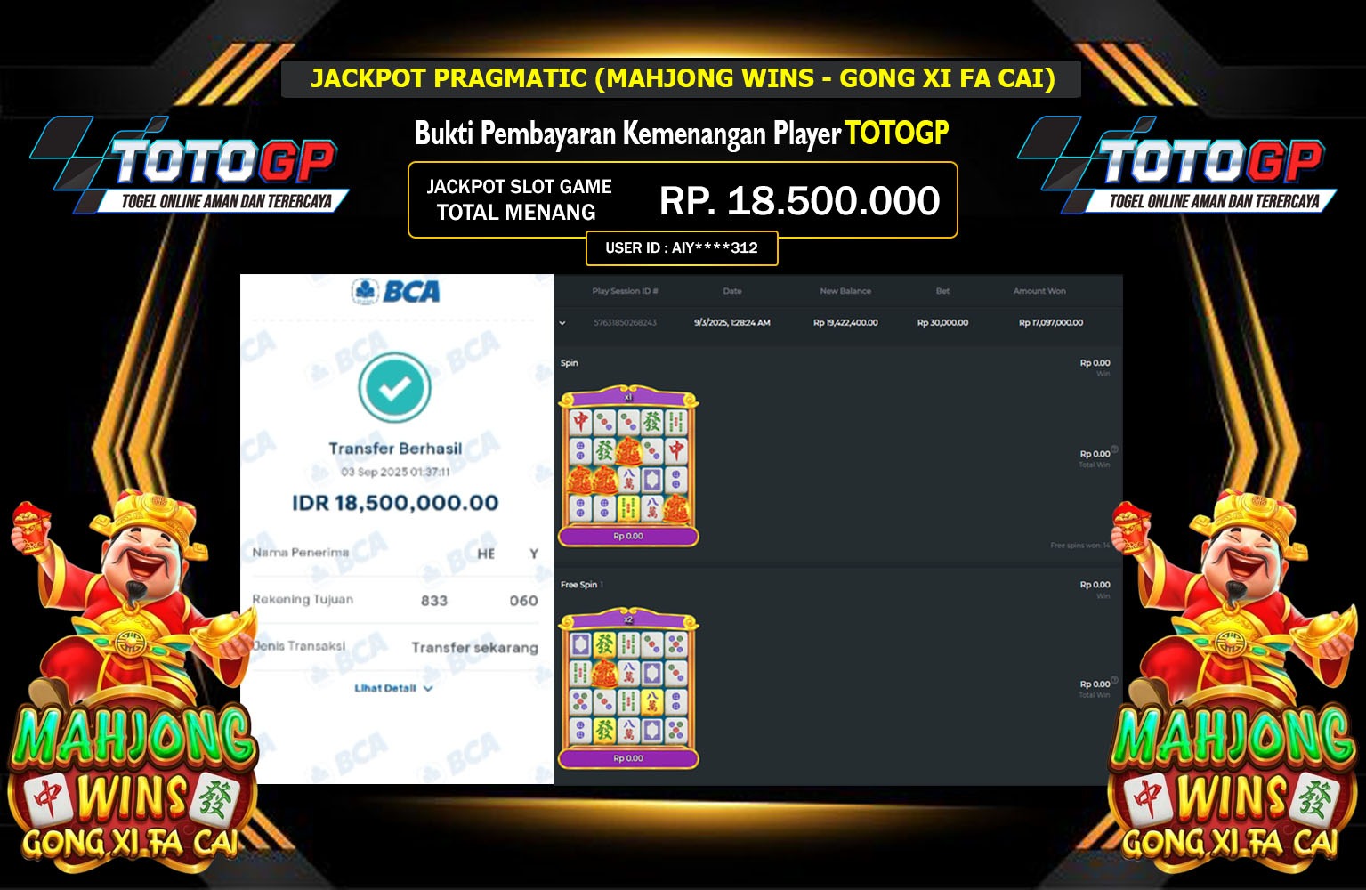 TOTOGP JACKPOT PRAGMATIC (MAHJONG WINS - GONG XI FA CAI) Rp.18.500.000,- LUNAS