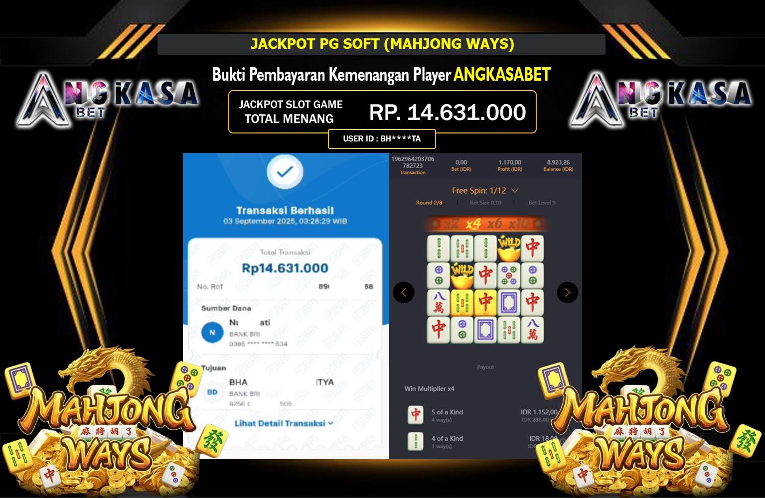 ANGKASABET JACKPOT PG SOFT (MAHJONG WAYS) Rp.14.631.000,- LUNAS