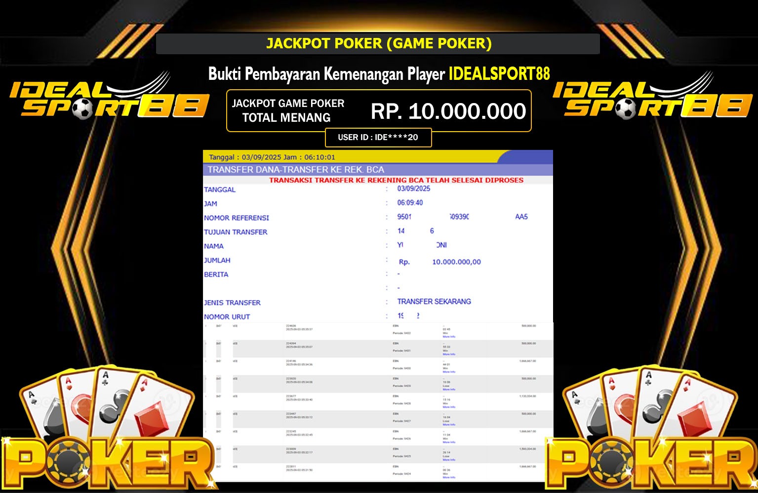 IDEALSPORT88 JACKPOT POKER (GAME POKER) Rp.10.000.000,- LUNAS