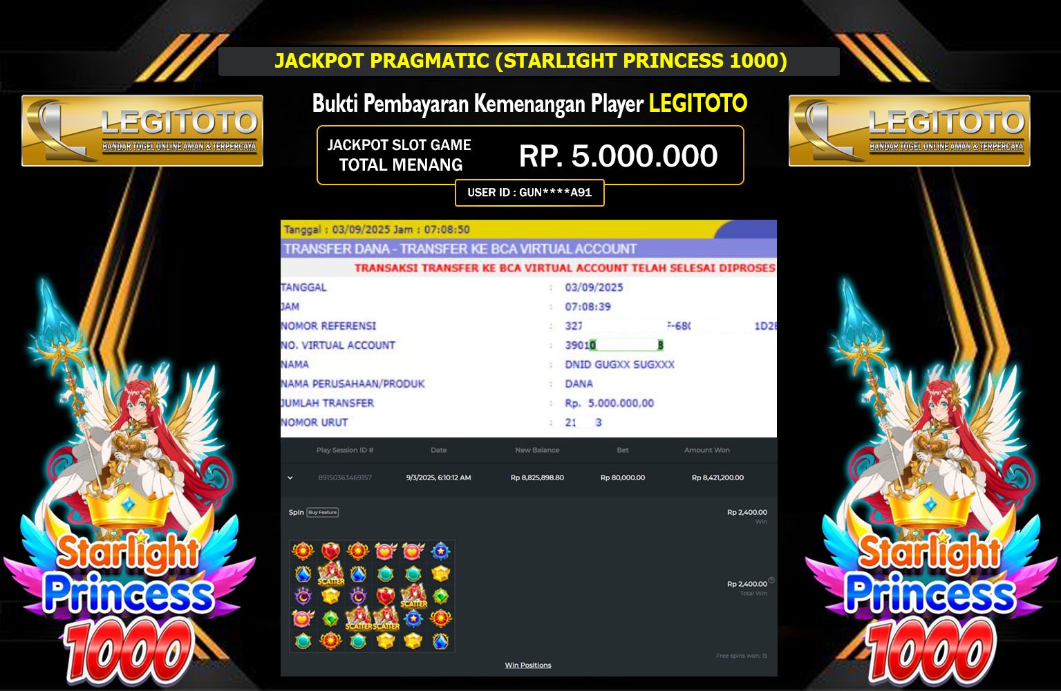 LEGITOTO JACKPOT PRAGMATIC (STARLIGHT PRINCESS 1000) Rp.5.000.000,- LUNAS