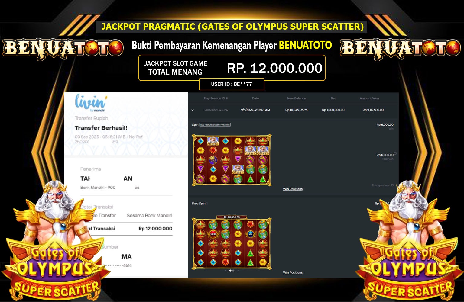 BENUATOTO JACKPOT PRAGMATIC (GATES OF OLYMPUS SUPER SCATTER) Rp.12.000.000,- LUNAS