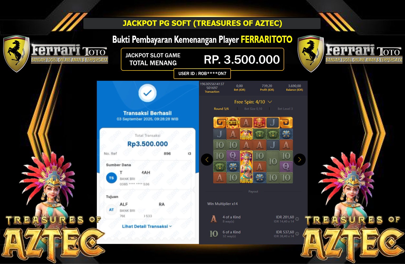 FERRARITOTO JACKPOT PG SOFT (TREASURES OF AZTEC) Rp.3.500.000,- LUNAS