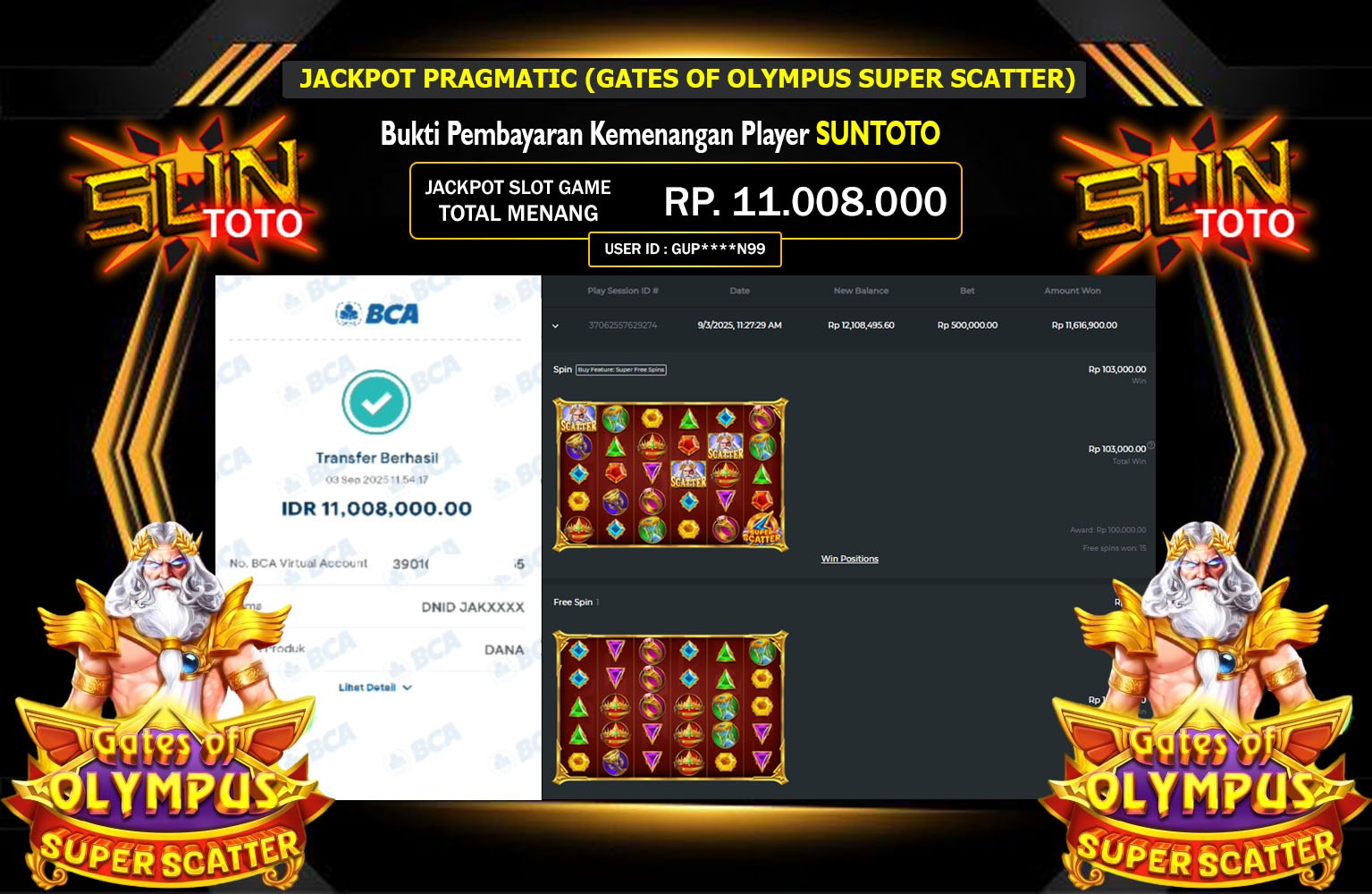SUNTOTO JACKPOT PRAGMATIC (GATES OF OLYMPUS SUPER SCATTER) Rp.11.008.000,- LUNAS