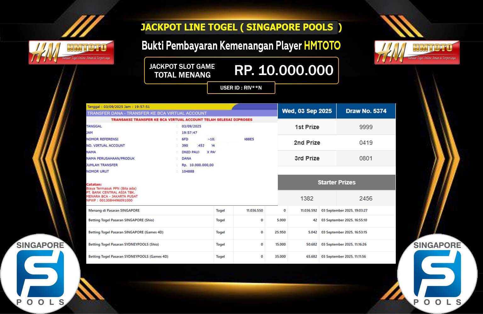HMTOTO JACKPOT LINE TOGEL (SINGAPORE POOLS) Rp.10.000.000,- LUNAS