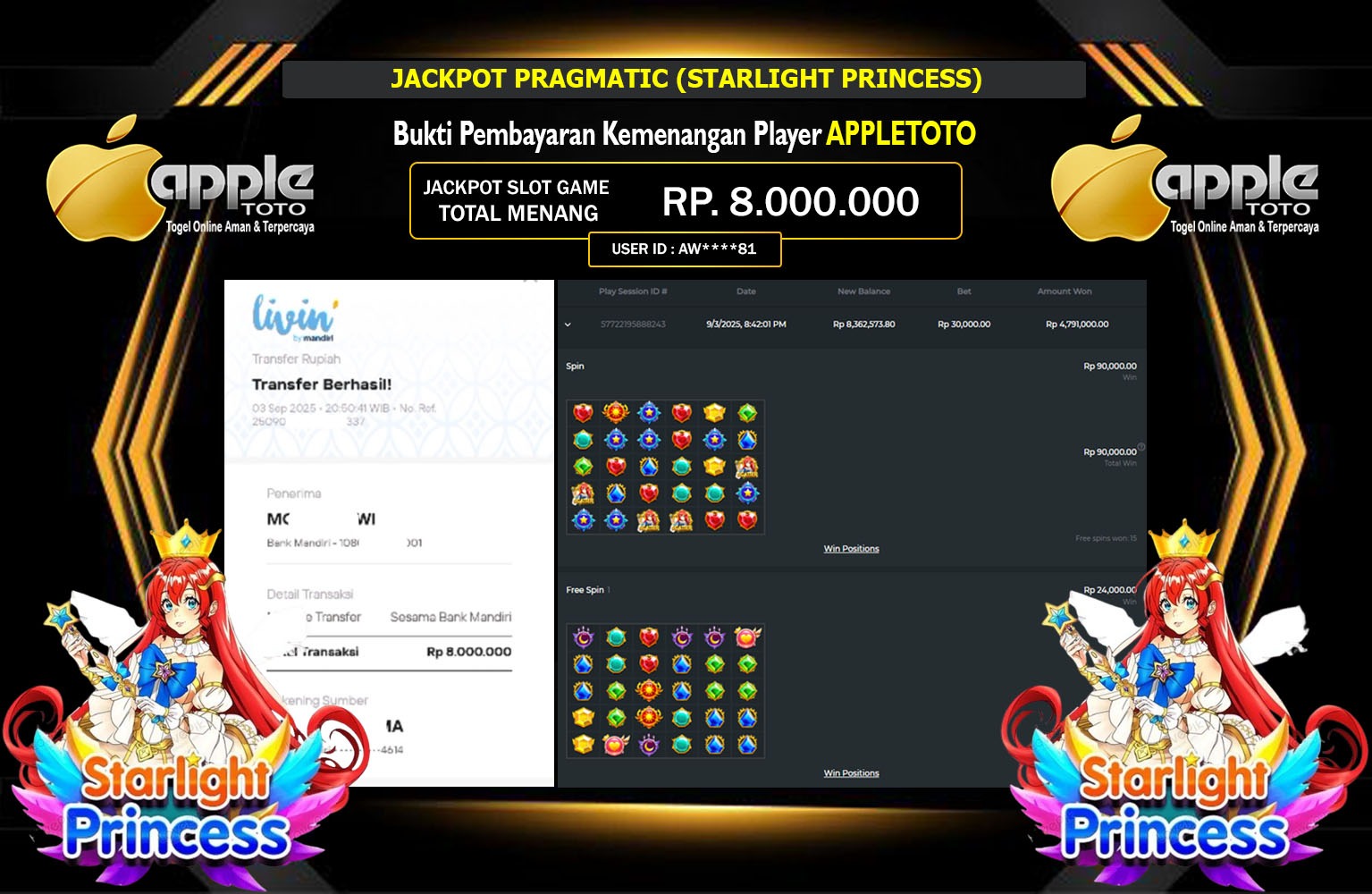 APPLETOTO JACKPOT PRAGMATIC (STARLIGHT PRINCESS) Rp.8.000.000,- LUNAS