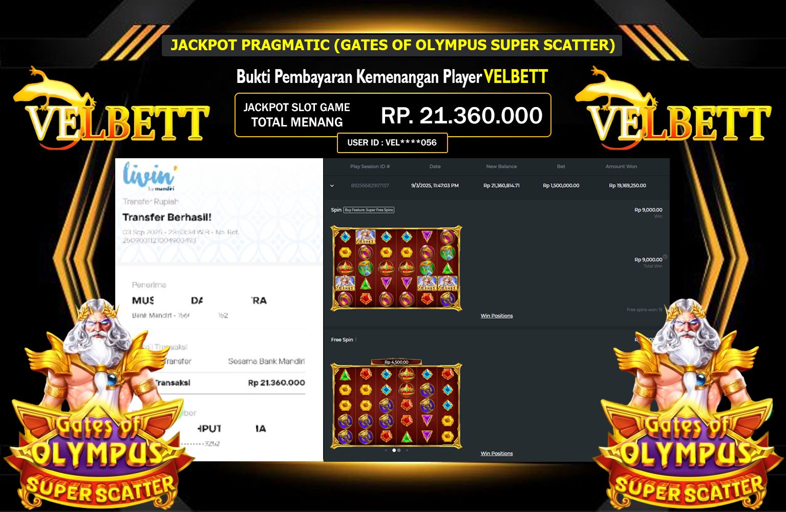 VELBETT JACKPOT PRAGMATIC (GATES OF OLYMPUS SUPER SCATTER) Rp.21.360.000,- LUNAS