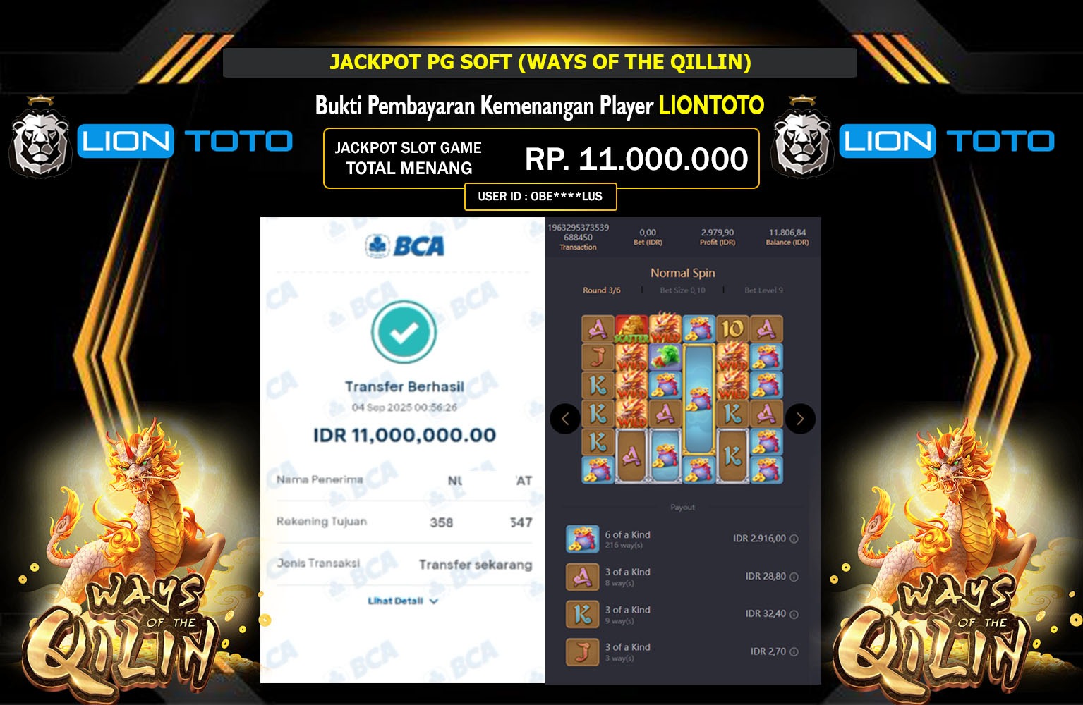 LIONTOTO JACKPOT PG SOFT (WAYS OF THE QILLIN) Rp.11.000.000,- LUNAS
