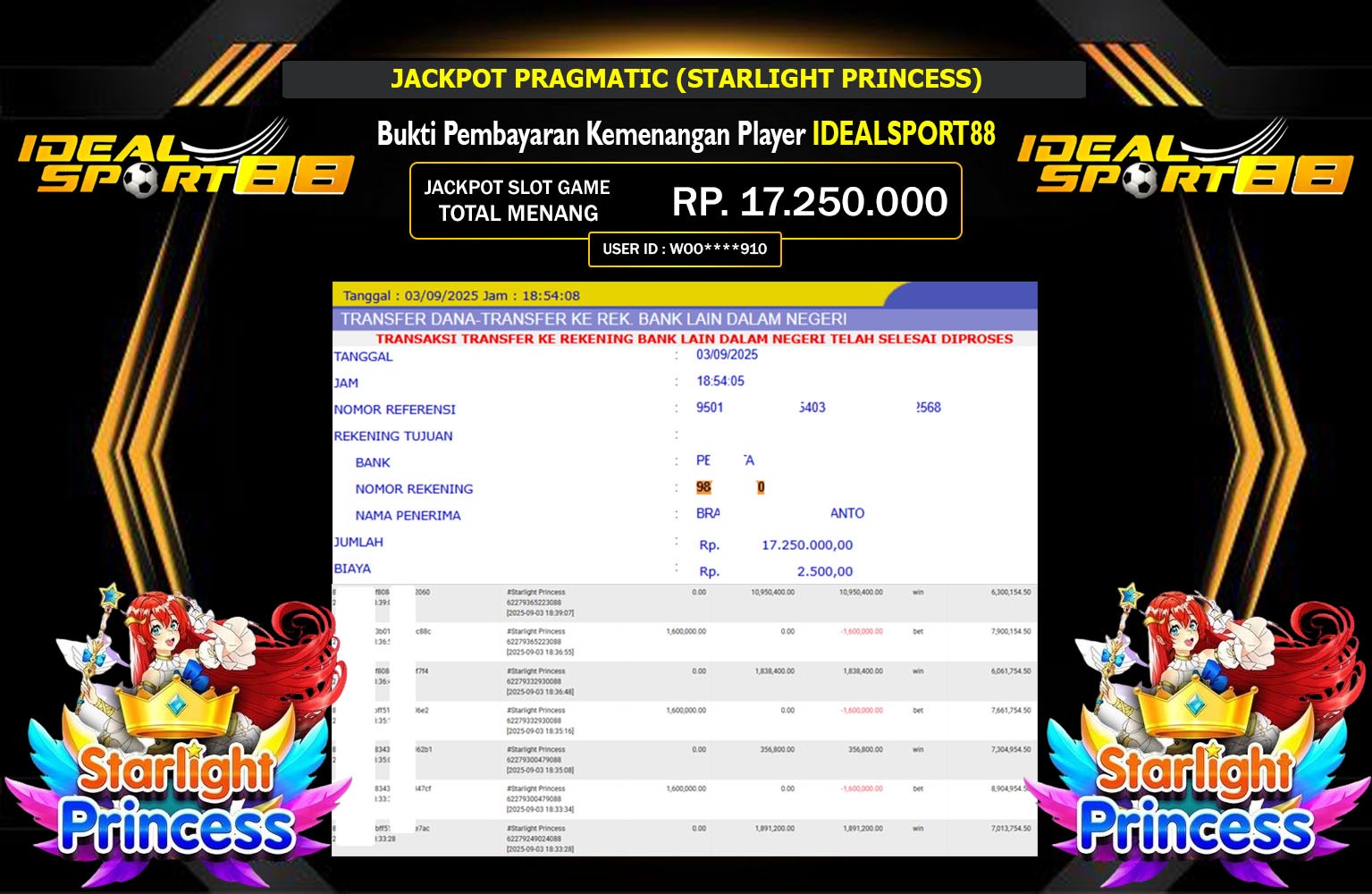 IDEALSPORT88 JACKPOT PRAGMATIC (STARLIGHT PRINCESS) Rp.17.250.000,- LUNAS