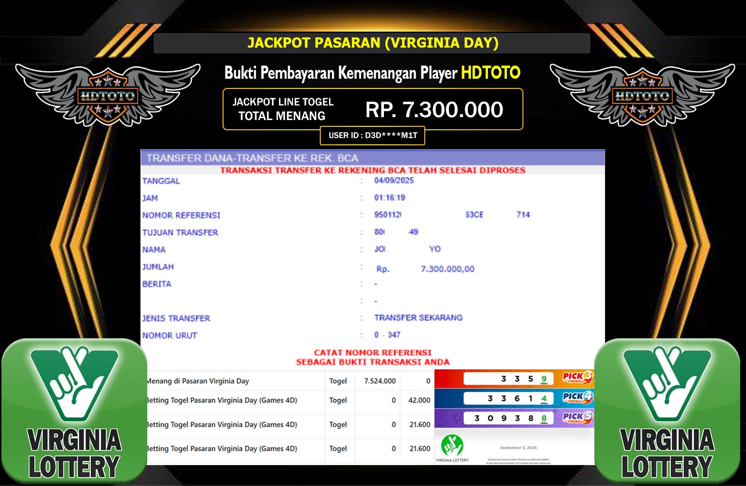 HDTOTO JACKPOT LINE TOGEL (VIRGINIA DAY) Rp.7.300.000,- LUNAS