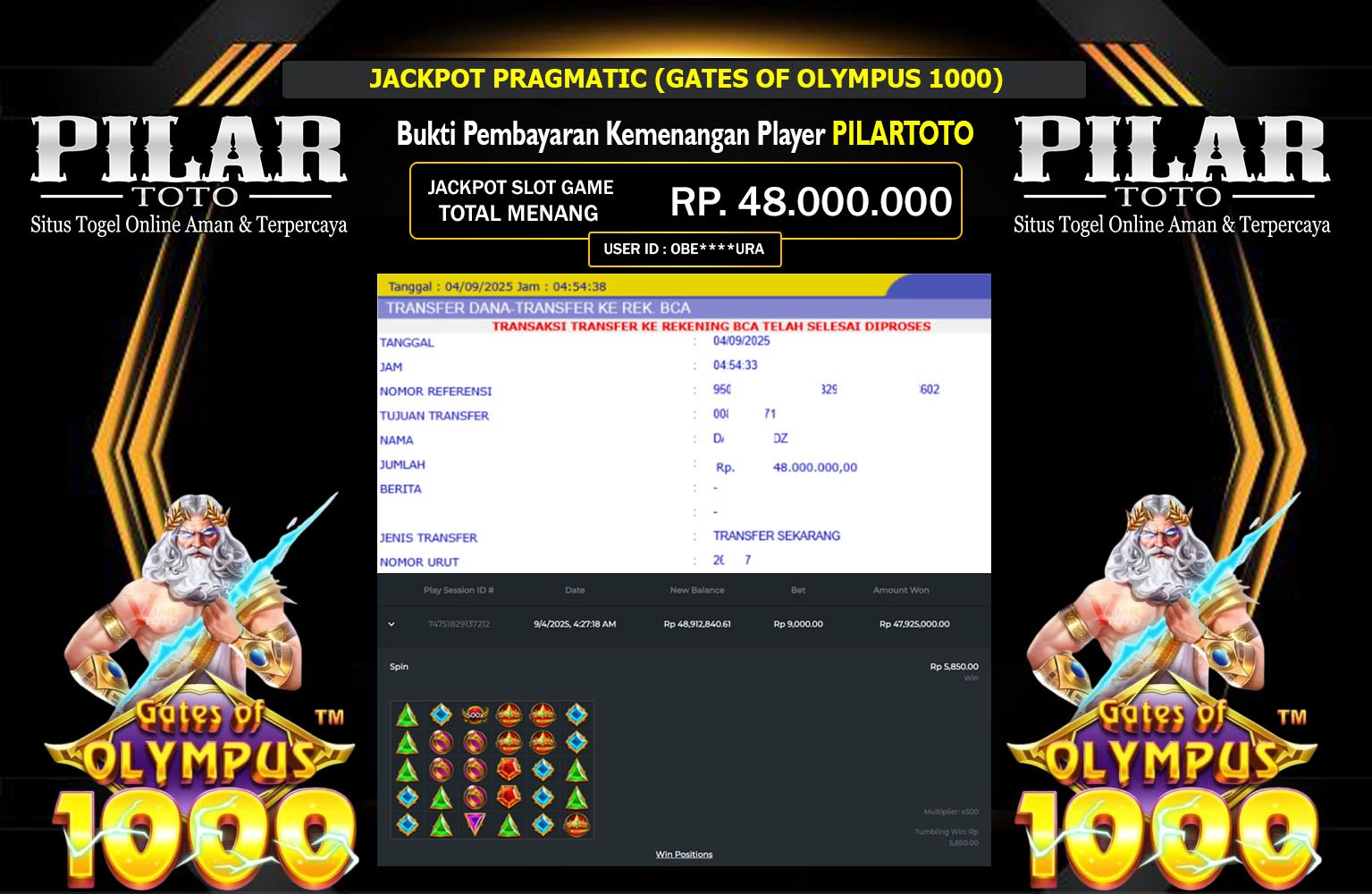 PILARTOTO JACKPOT PRAGMATIC (GATES OF OLYMPUS 1000) Rp.48.000.000,- LUNAS