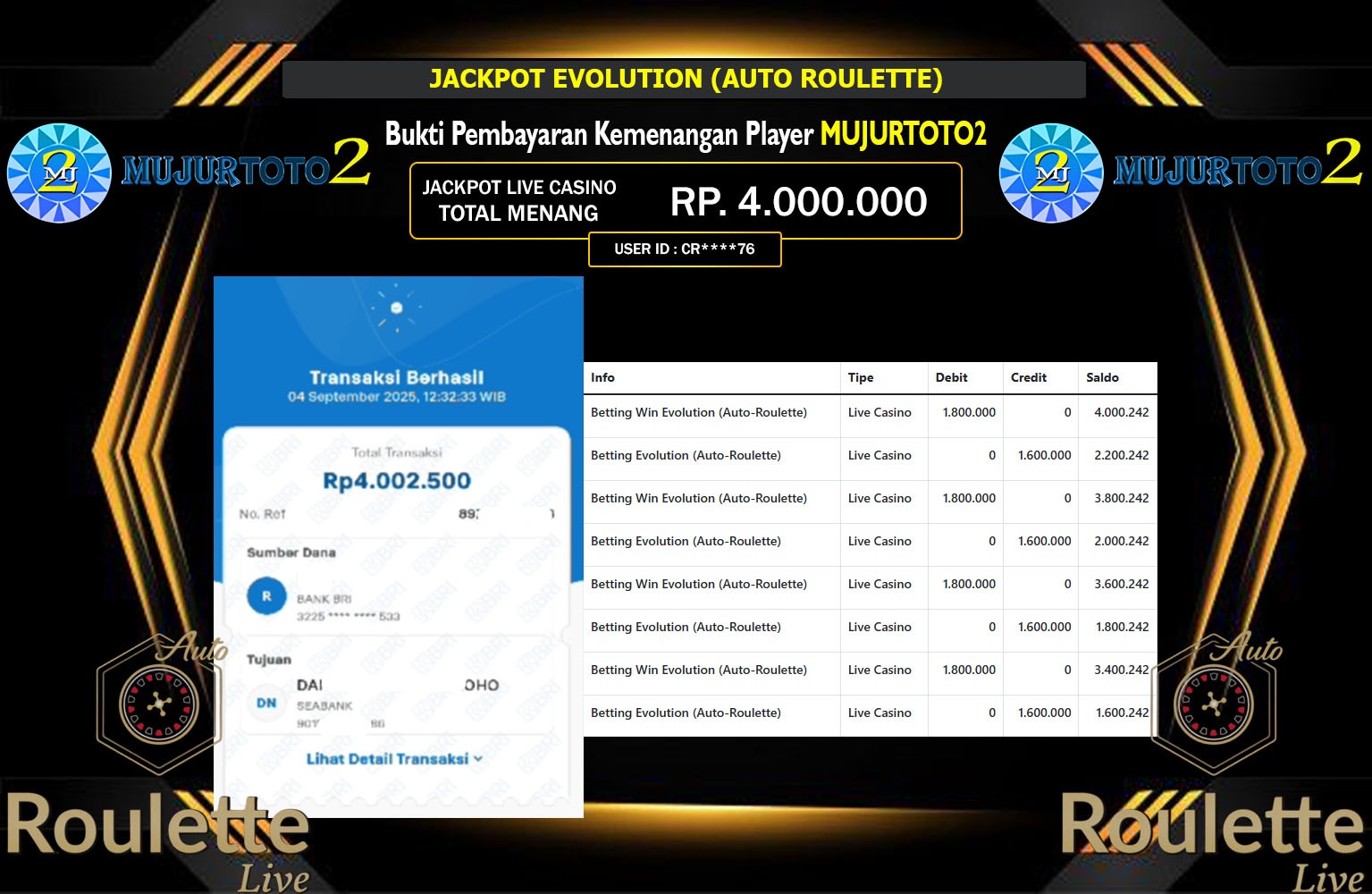 MUJURTOTO2 JACKPOT EVOLUTION (AUTO ROULETTE) Rp.4.000.000,- LUNAS