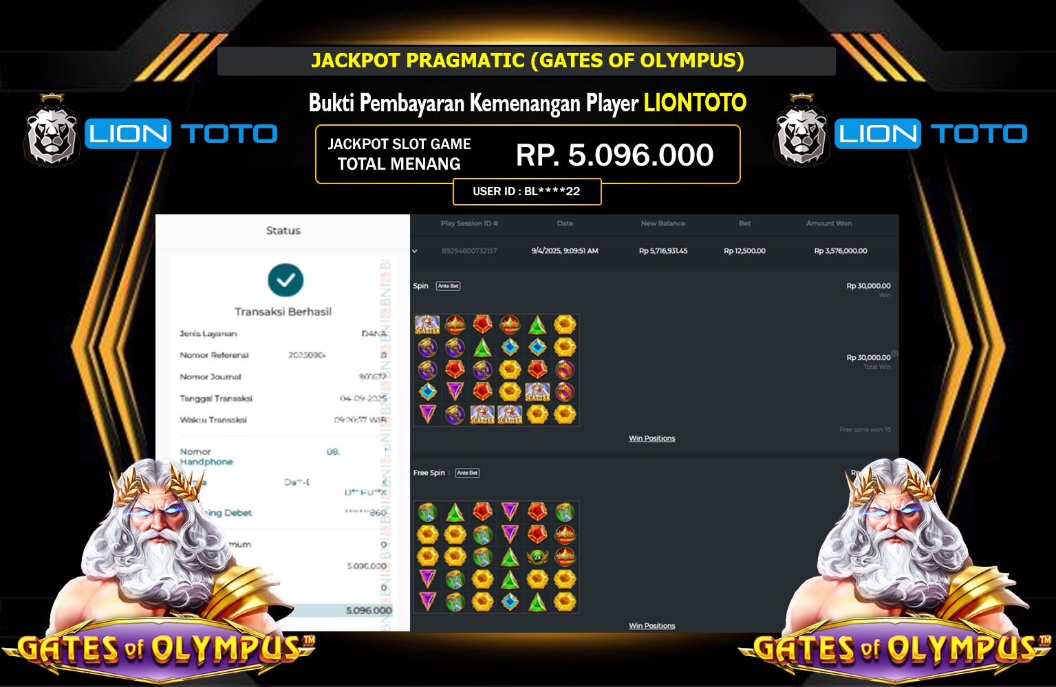 LIONTOTO JACKPOT PRAGMATIC (GATES OF OLYMPUS) Rp.5.096.000,- LUNAS