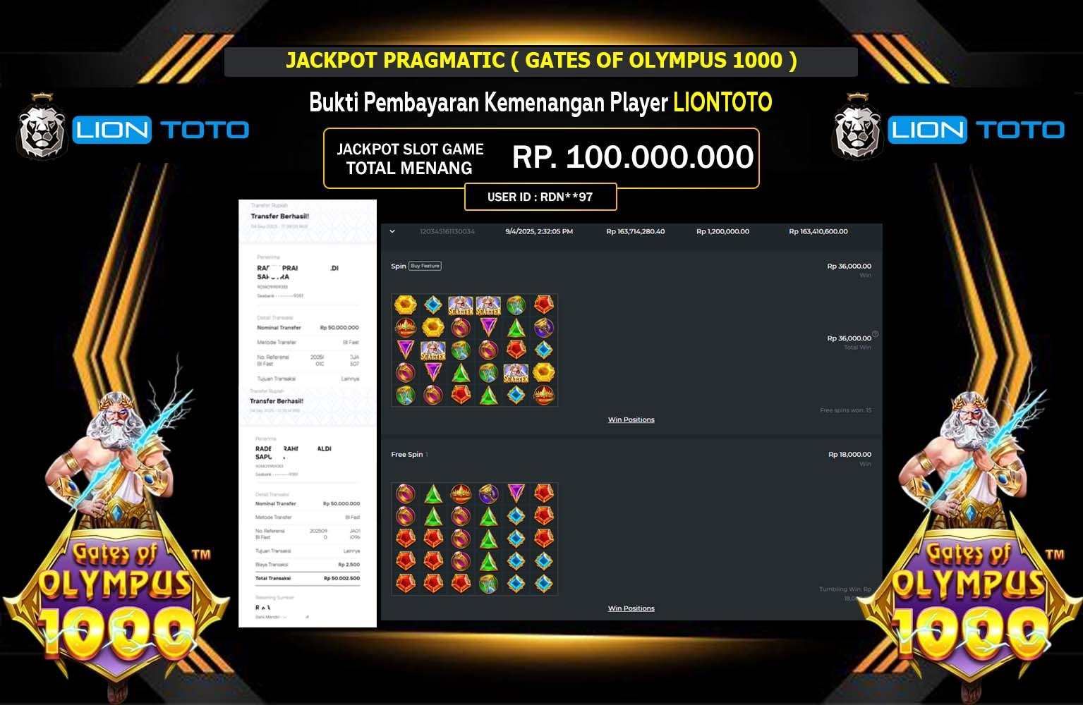 LIONTOTO JACKPOT PRAGMATIC (GATES OF OLYMPUS 1000) Rp.100.000.000,- LUNAS
