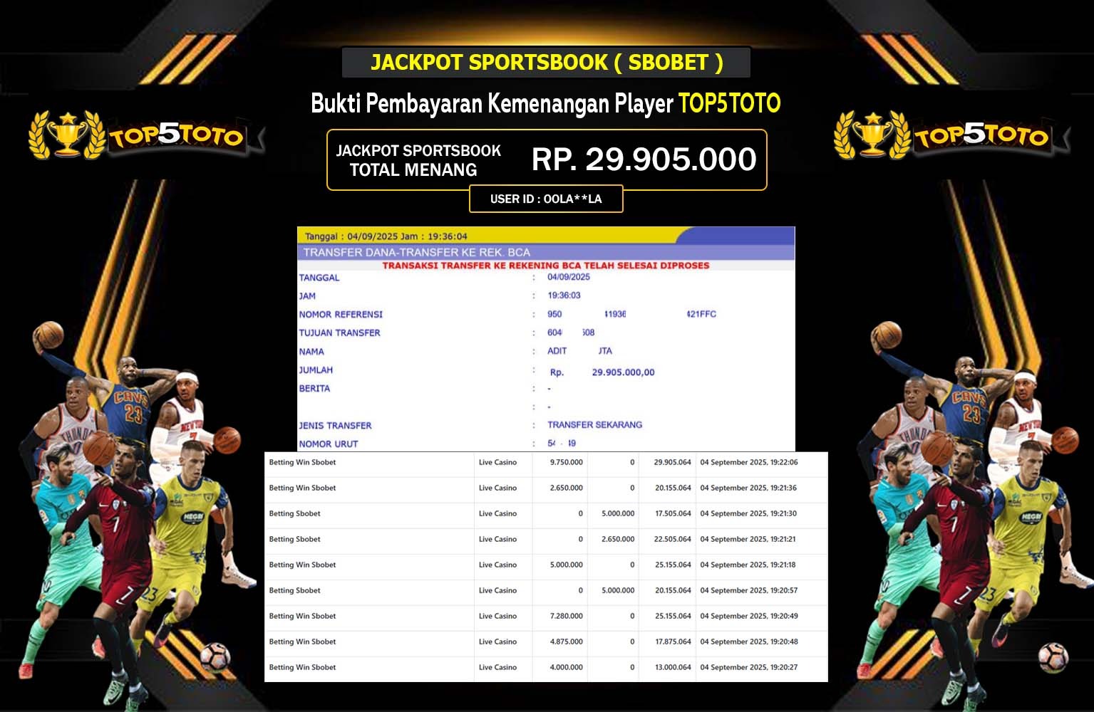 TOP5TOTO JACKPOT SPORTSBOOK (SBOBET) Rp.29.905.000,- LUNAS