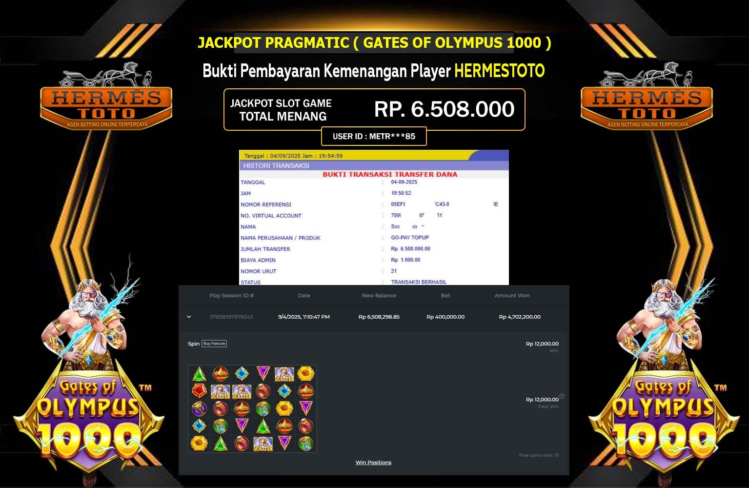 HERMESTOTO JACKPOT PRAGMATIC (GATES OF OLYMPUS 1000) Rp.6.508.000,- LUNAS