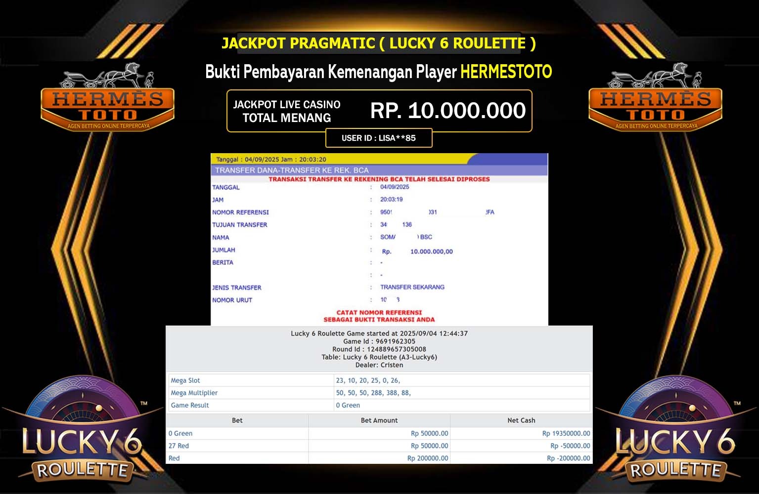 HERMESTOTO JACKPOT PRAGMATIC (Lucky 6 Roulette) Rp.10.000.000,- LUNAS