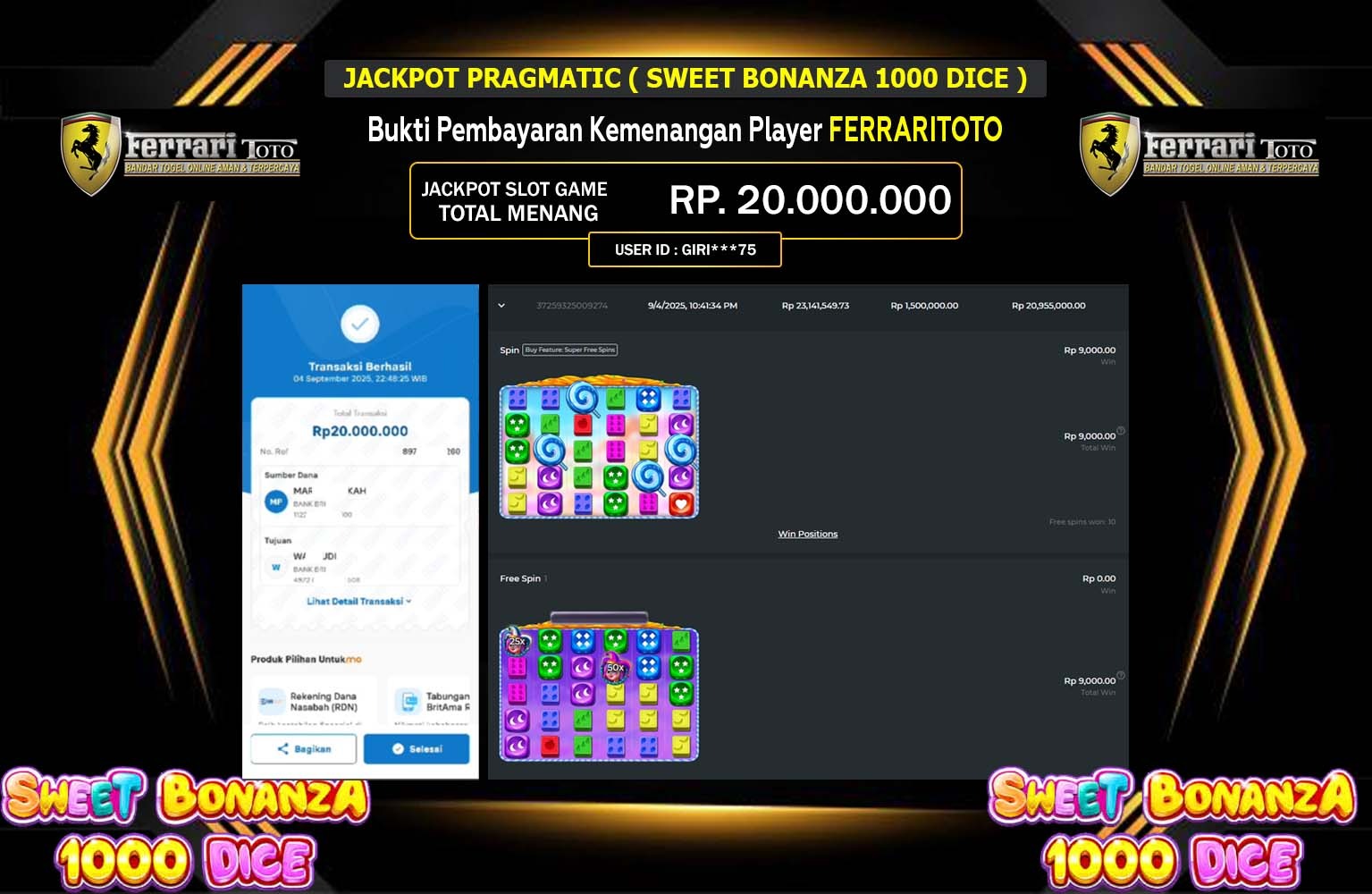 FERRARITOTO JACKPOT PRAGMATIC (Sweet Bonanza 1000 Dice) Rp.20.000.000,- LUNAS
